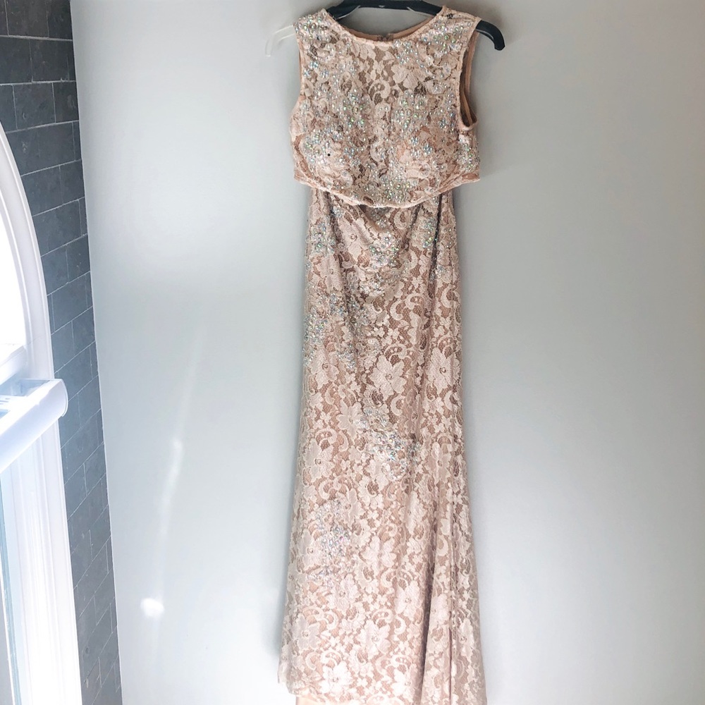 Jovani Champagne Lace Prom Dress
